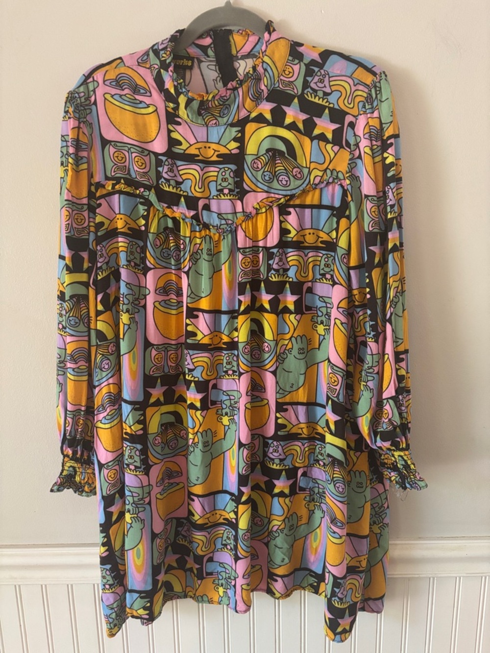 Nooworks Whimsical Dreyfus Print Stevie Dress w/Colorful Boho Psychedelic 70s